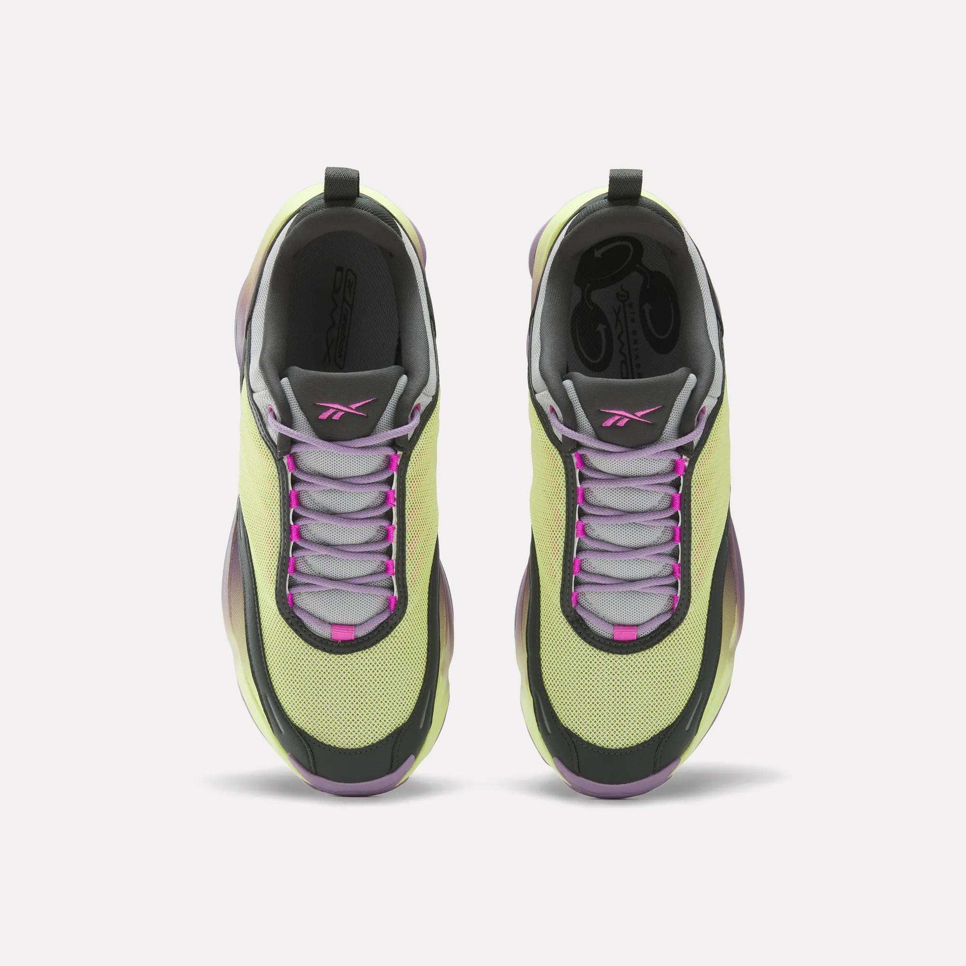 The Reebok DMX Series 3000 Shoes feature light green mesh uppers with purple and pink accents, gray laces, and black trim—offering comfortable wear with advanced DMX moving air technology.