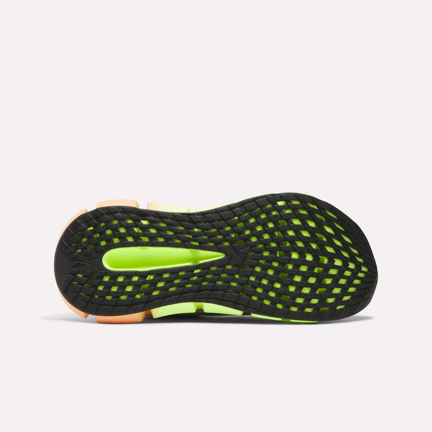 The image shows the bottom view of the Reebok Women's FloatZig 2 Running Shoes, featuring a black outsole with a grid-like neon green pattern, orange accents at heel and toe, and Superfloat+ cushioning for extra comfort.