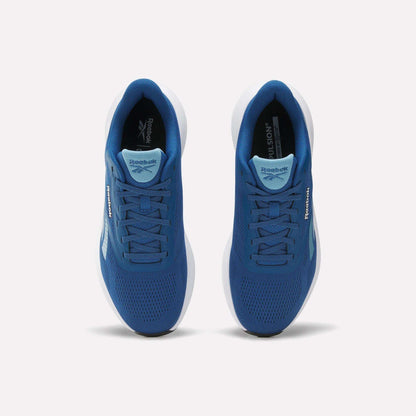 Top view of Reebok Men's Energen Run 4 Running Shoes with breathable mesh uppers, white soles, and visible Reebok logos on sides and tongues, shown side by side on a plain light background.