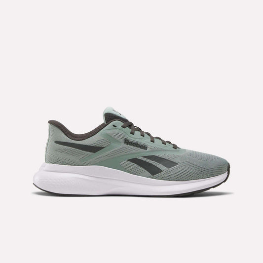 The Reebok Men's Energen Run 4 Running Shoes in sage green display a black logo, black laces, white cushioned sole, and a breathable mesh upper, shown in side profile on a plain white background.