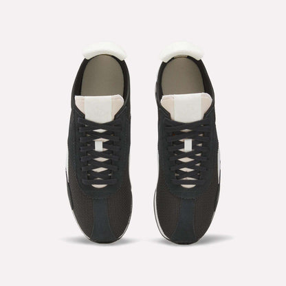 Top view of a pair of Reebok R400 Shoes, featuring black retro design with white tongues, white soles, and black laces, placed side by side on a plain white background.