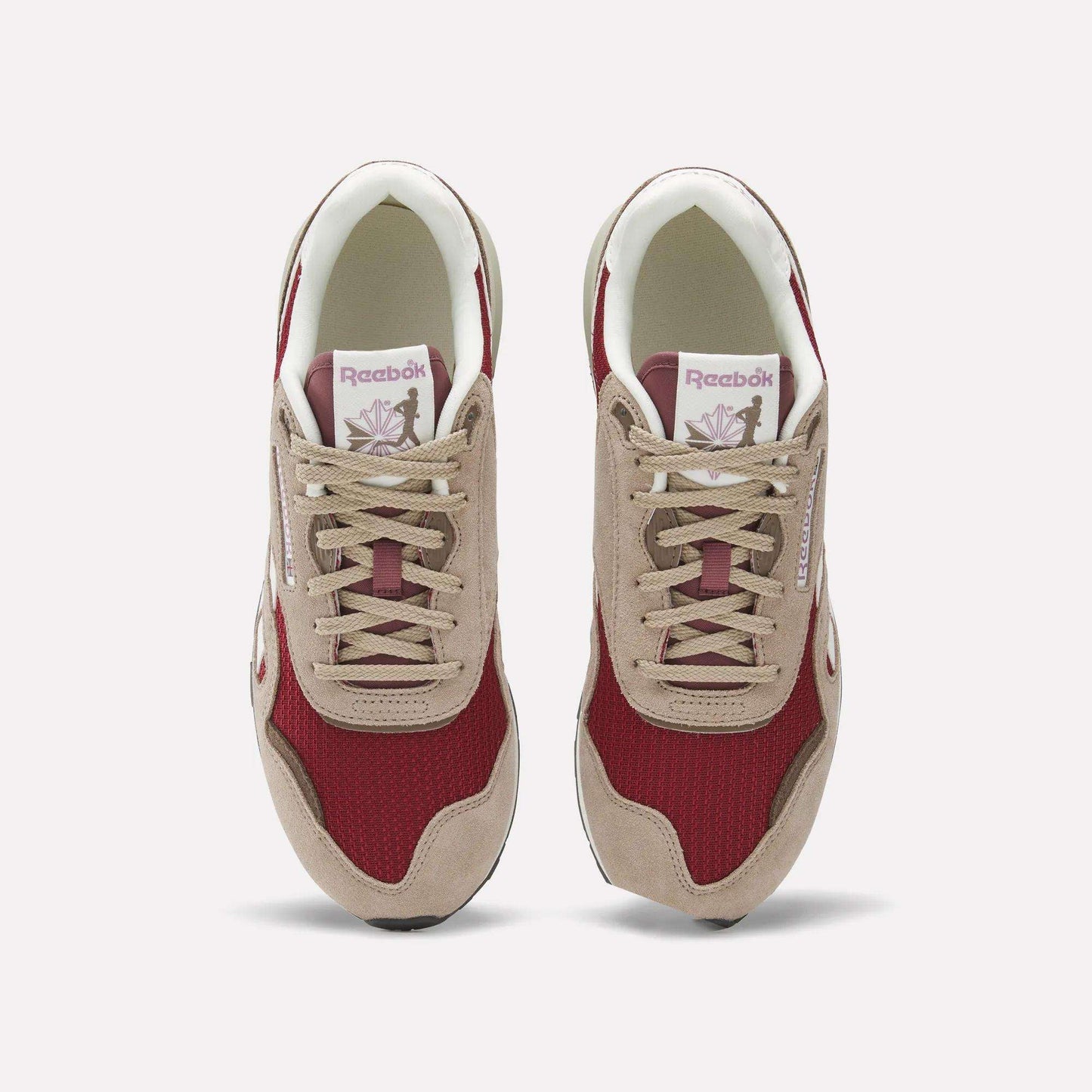 A top view of Reebok Classic Nylon 89 Shoes, showing red mesh with beige suede overlays, beige laces, a cushioned midsole, and the Reebok logo with a flower graphic on the tongue.