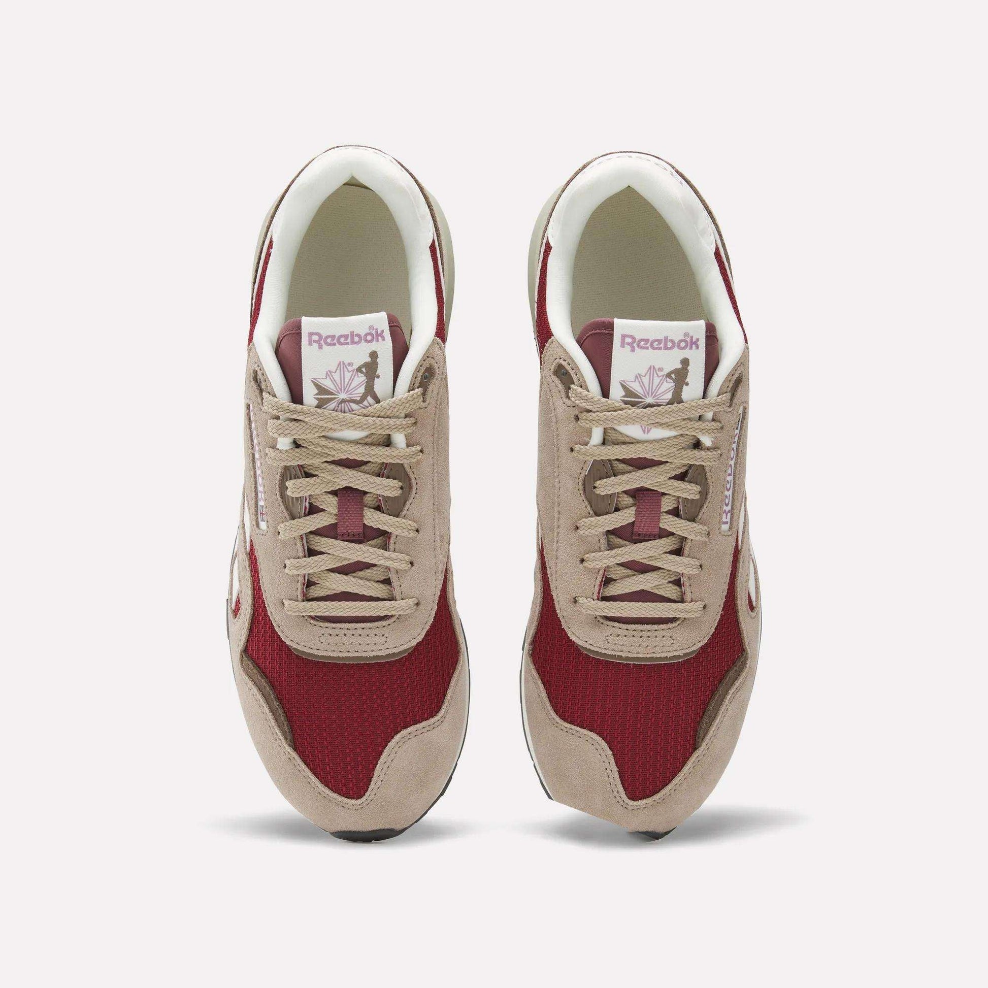A top view of Reebok Classic Nylon 89 Shoes, showing red mesh with beige suede overlays, beige laces, a cushioned midsole, and the Reebok logo with a flower graphic on the tongue.