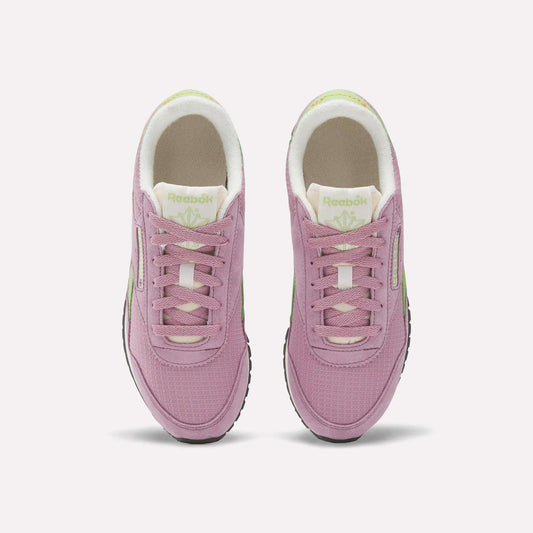 The Reebok Women's Classic AZ Shoes in pink with white soles and light green accents are shown from above on a white background, blending retro running style with a modern twist.