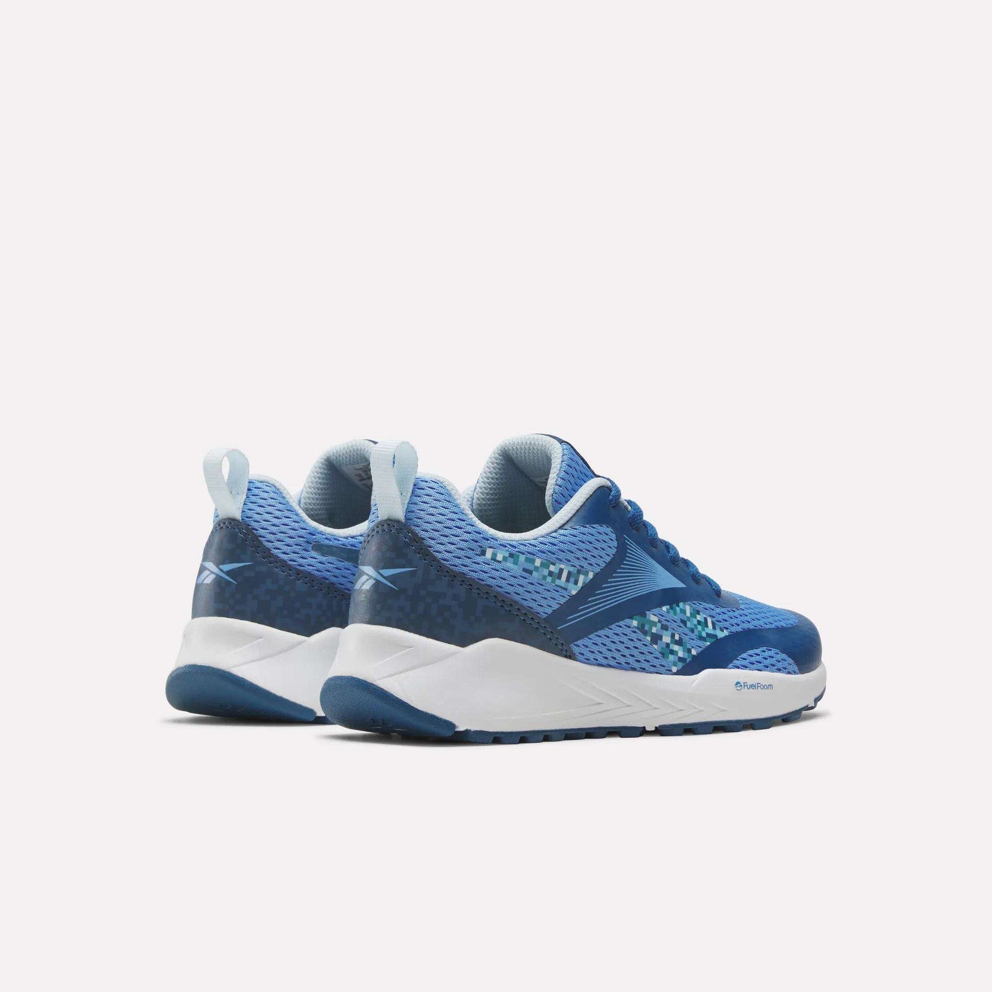 A pair of Reebok Energen Running Shoes for little kids, featuring blue mesh uppers with light blue and white accents, cushioned midsoles, and white soles, displayed against a plain white background.
