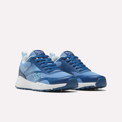 The Reebok Energen Running Shoes for little kids showcase a light blue mesh upper with navy blue overlays, a cushioned midsole, and blue outsoles, all presented on a plain white background.
