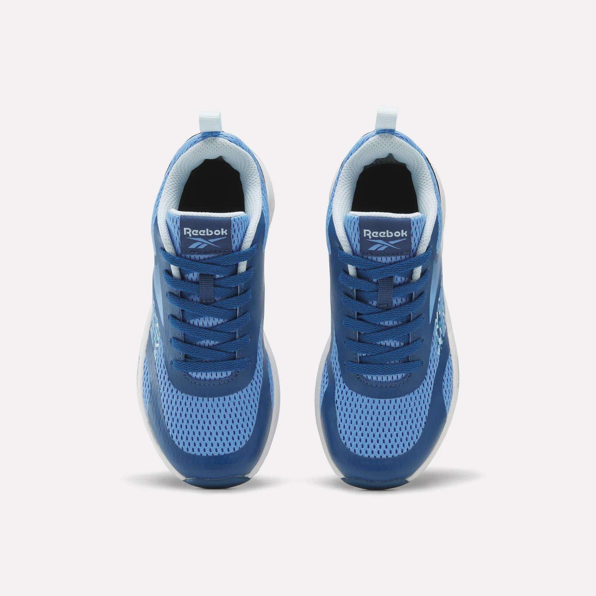 Top view of a pair of Reebok Energen Running Shoes for little kids, featuring blue mesh uppers, white soles, cushioned midsoles, and light blue accents, arranged side by side on a plain white background.