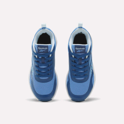 Top view of a pair of Reebok Energen Running Shoes for little kids, featuring blue mesh uppers, white soles, cushioned midsoles, and light blue accents, arranged side by side on a plain white background.