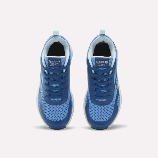 Top view of a pair of Reebok Energen Running Shoes for little kids, featuring blue mesh uppers, white soles, cushioned midsoles, and light blue accents, arranged side by side on a plain white background.