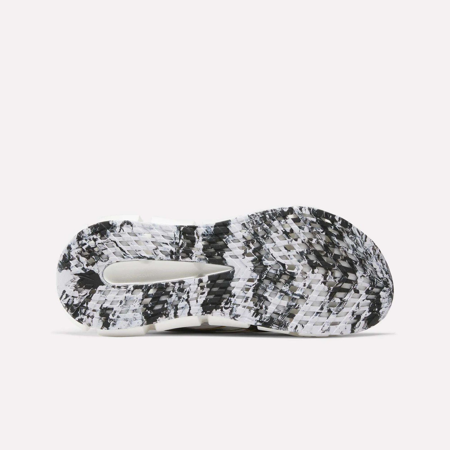 The image displays the sole of Reebok FloatZig 2 Running Shoes, featuring a black, white, and grey marbled pattern with textured treads, a central cutout for enhanced grip, and Superfloat+ cushioning.