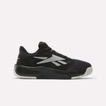 Reebok Engine LT Shoes are black and white low-cut athletic sneakers with a mesh toe, patterned outsole, white side logo and detailing, plus a light gray sole designed for superior grip.