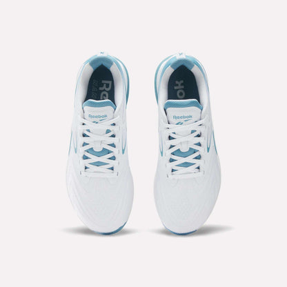 Top view of Reebok Nano X5 Edge Training Shoes in white with blue accents, white laces, and Flexweave mesh at the toe, shown side by side on a plain white background.