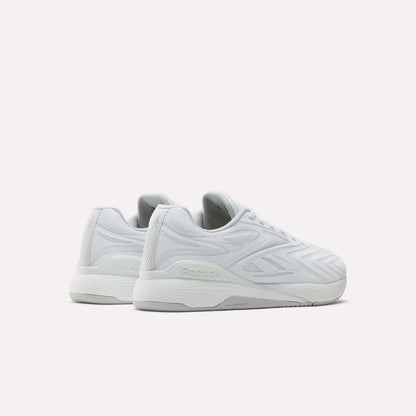 A pair of white Reebok Nano X5 Edge Training Shoes with textured side panels and a chunky sole, designed for precision training, are positioned side by side facing left on a plain white background.