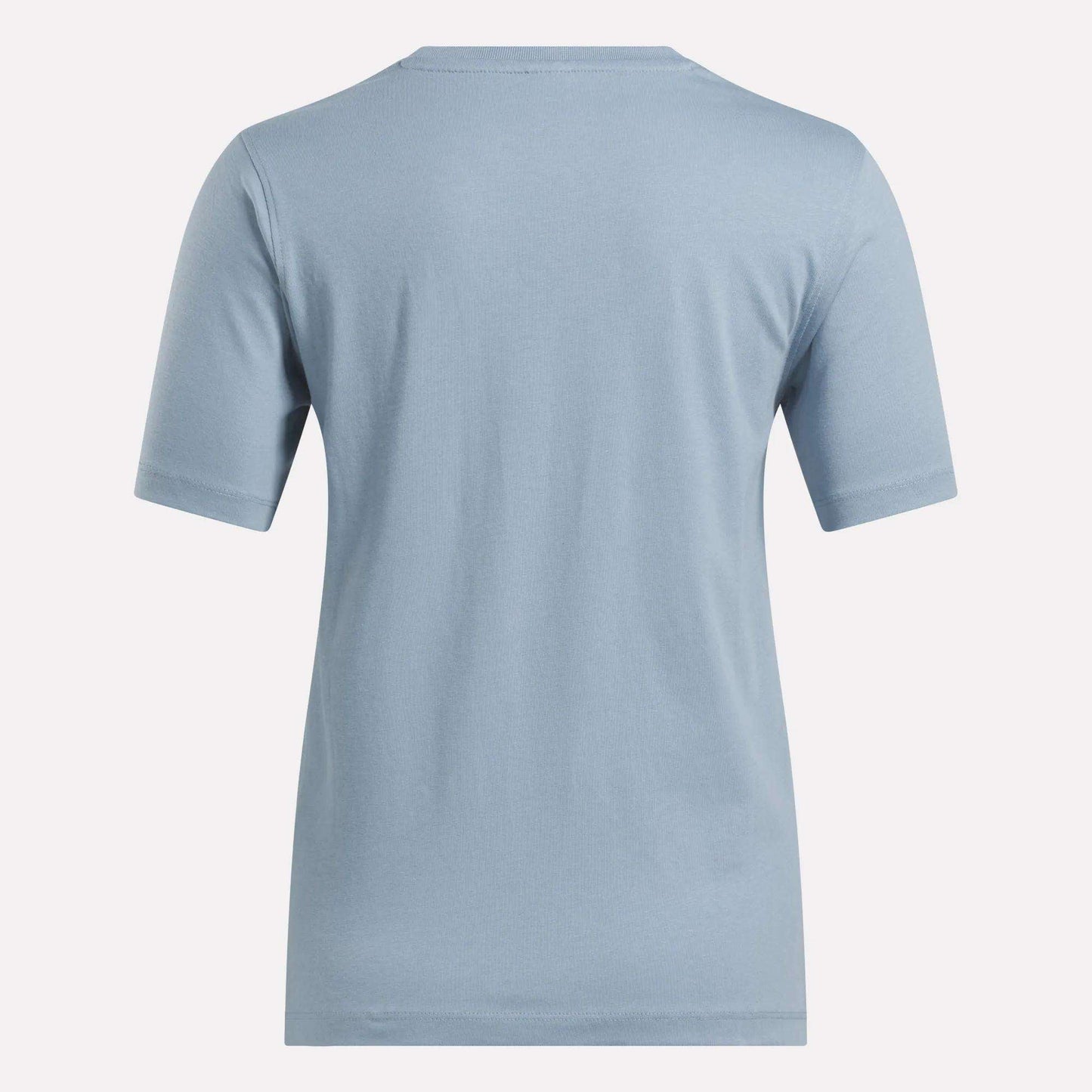 Shown from the back, the Reebok Women's Big Logo Crewneck Short Sleeve Tee in light blue features a plain, soft cotton jersey design with no visible logos, patterns, or graphics.