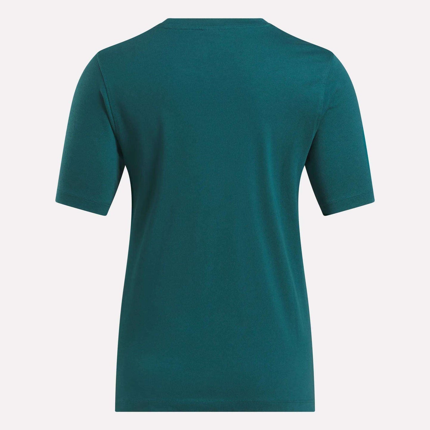 The Reebok Women's Two-Color Logo Crew Short Sleeve Tee is displayed from the back against a white background, showing a plain teal design with no visible logos, patterns, or designs.