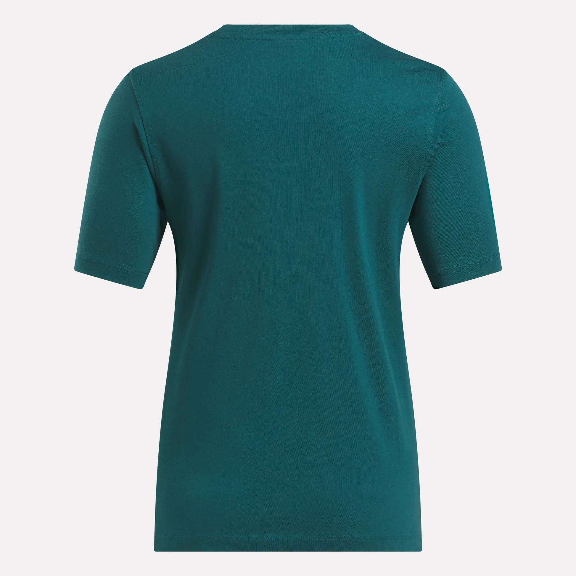 The Reebok Women's Two-Color Logo Crew Short Sleeve Tee is displayed from the back against a white background, showing a plain teal design with no visible logos, patterns, or designs.
