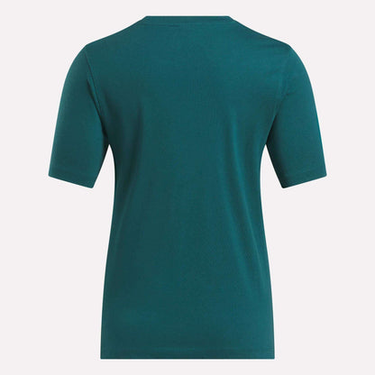The Reebok Women's Two-Color Logo Crew Short Sleeve Tee is displayed from the back against a white background, showing a plain teal design with no visible logos, patterns, or designs.
