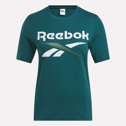 The Reebok Women's Two-Color Logo Crew Short Sleeve Tee is a teal cotton crewneck with a large white and gray Reebok logo and text on the chest, shown against a plain white background.