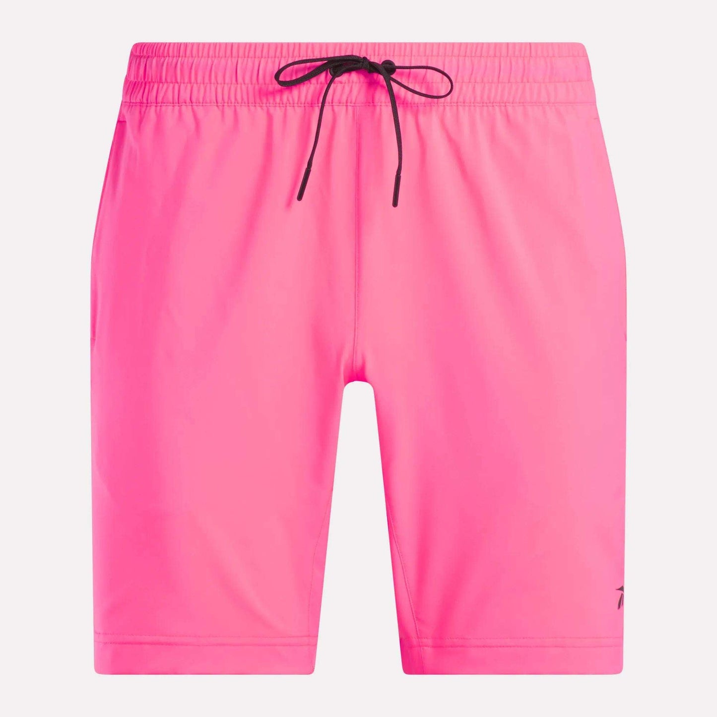 Men's Workout Ready Woven Shorts by Reebok in bright pink, featuring an elastic waistband, black drawstring, and subtle black logo on the lower left leg. Designed for sweat-wicking workouts. Displayed on a plain white background.