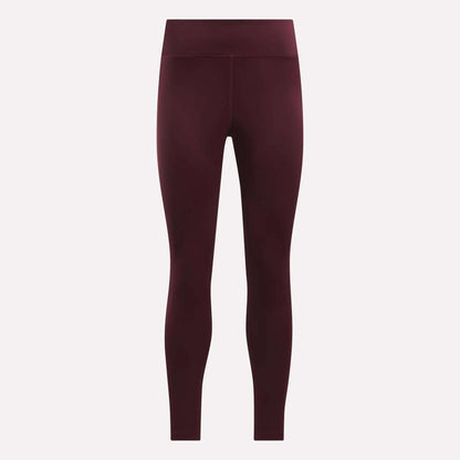 A pair of maroon Women's Lux High-Rise Tights by Reebok, made with RBK-DRY performance fabric.