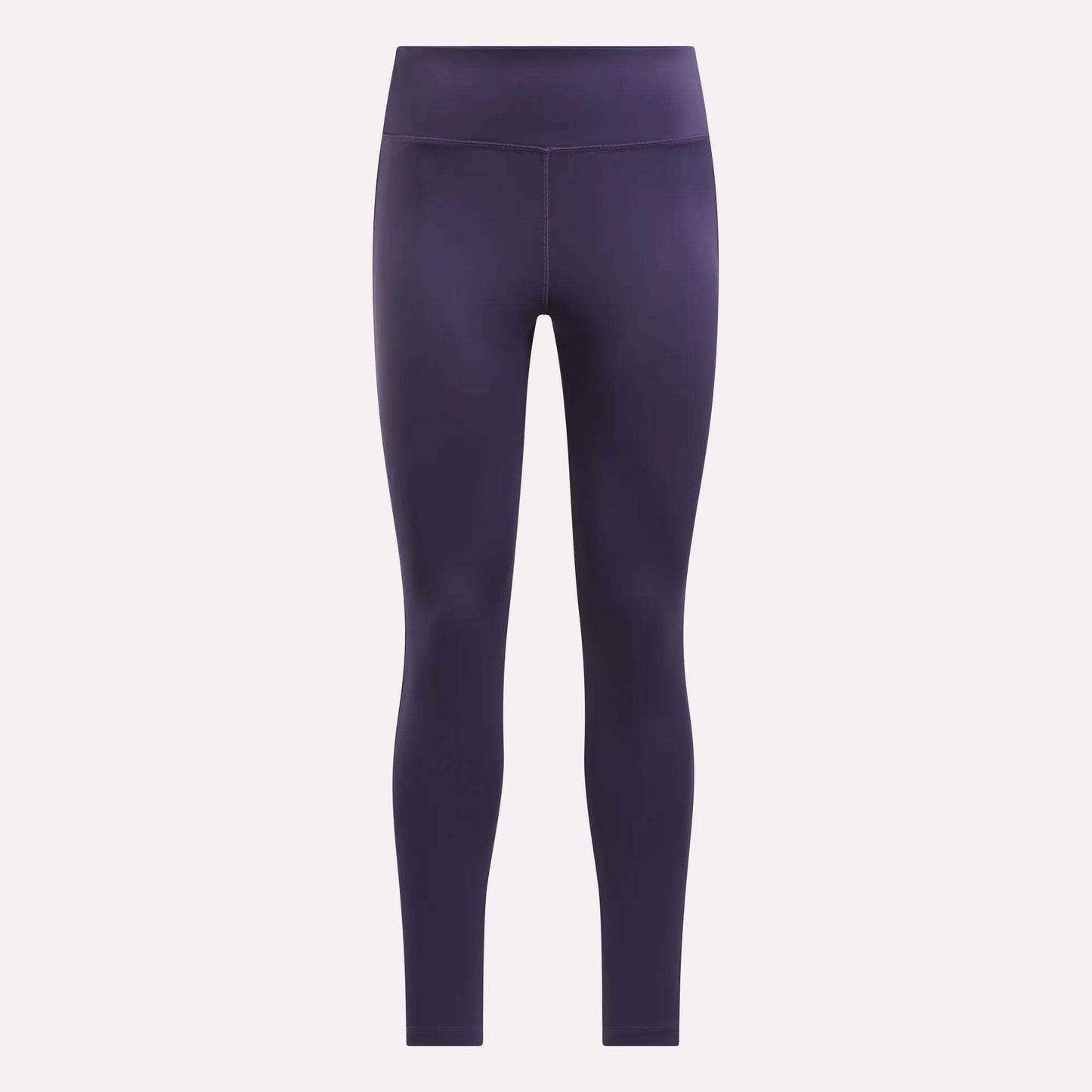 Reebok Women's Lux High-Rise Tights in purple, made with RBK-DRY performance fabric, are shown full-length against a plain light background.