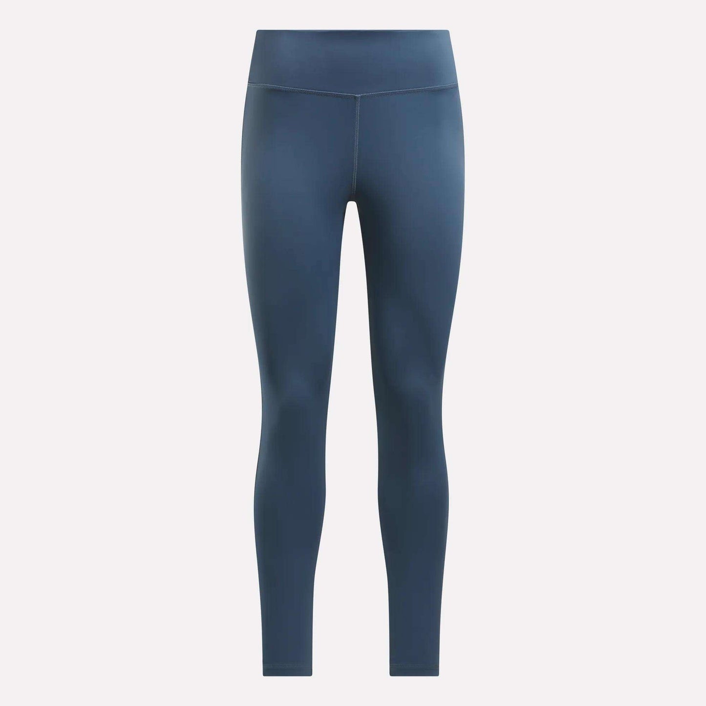 The Women's Lux High-Rise Tights by Reebok are full-length, dark blue athletic leggings made with RBK-DRY performance fabric, shown against a plain light background.
