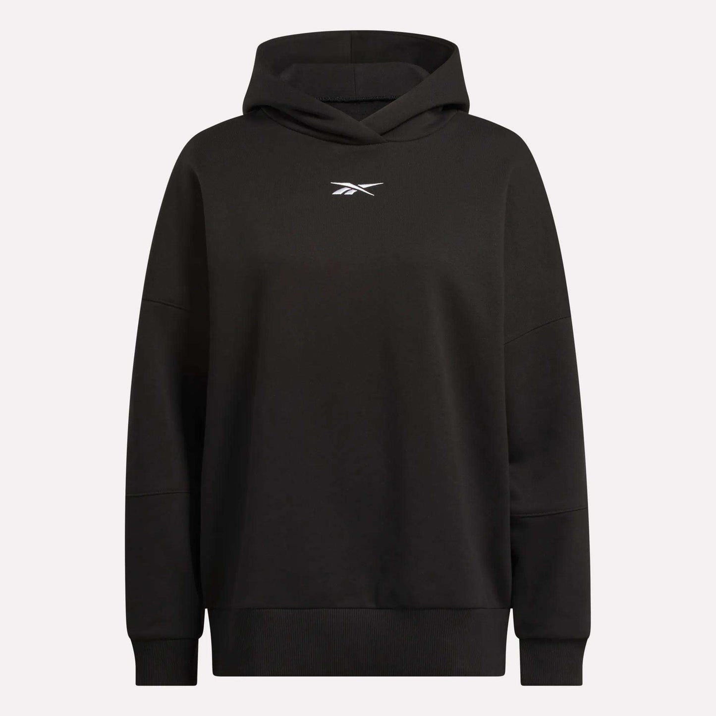 The Women's Lux Hoodie by Reebok is shown in black with a small white logo centered on the chest, displayed against a plain light background.