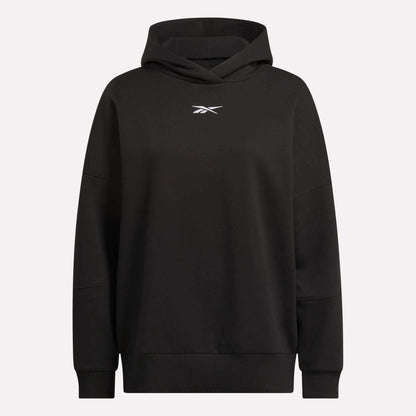 The Women's Lux Hoodie by Reebok is shown in black with a small white logo centered on the chest, displayed against a plain light background.