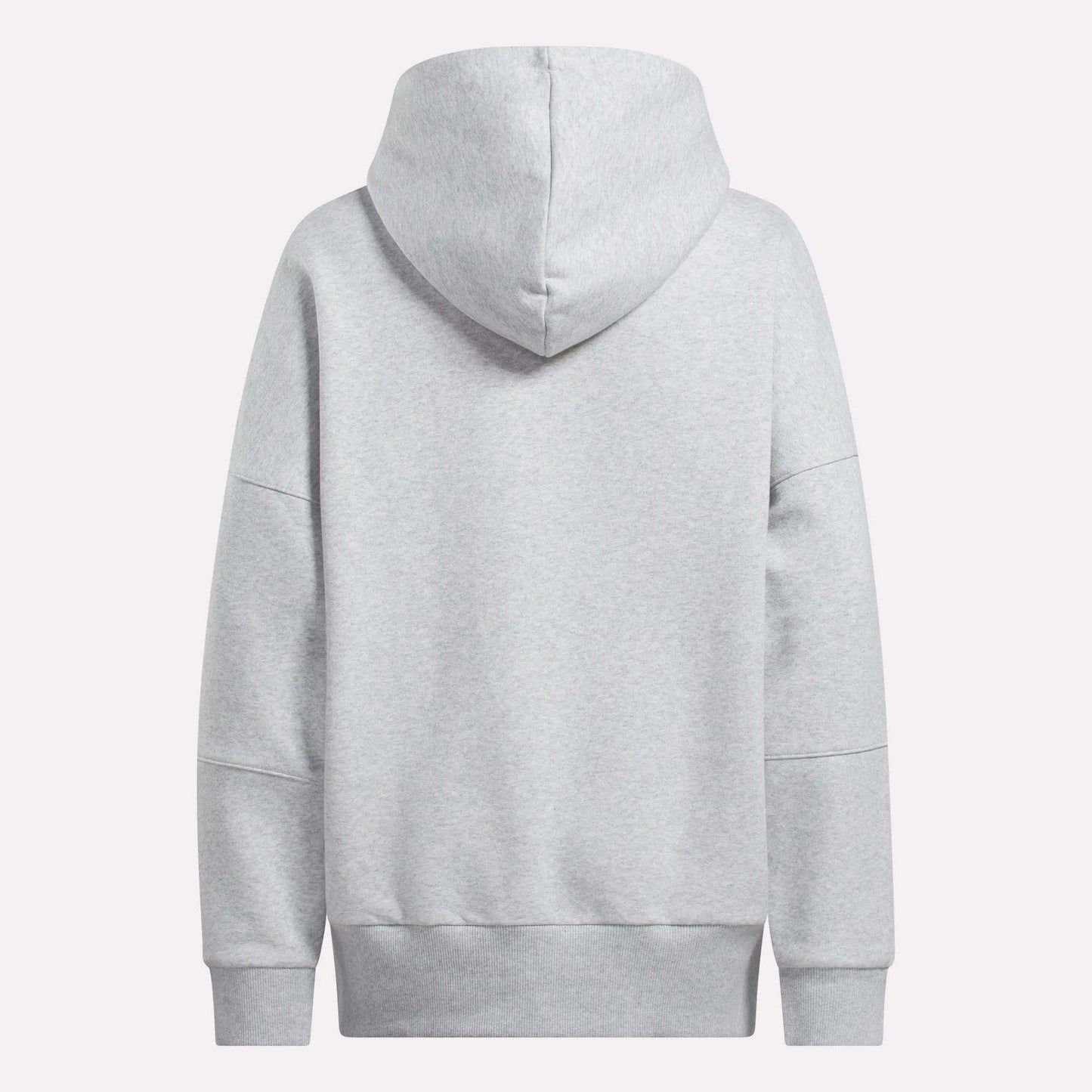 The Women's Lux Hoodie by Reebok is a cozy, plain light gray hoodie for women, shown from the back with a large hood and long sleeves against a white background.