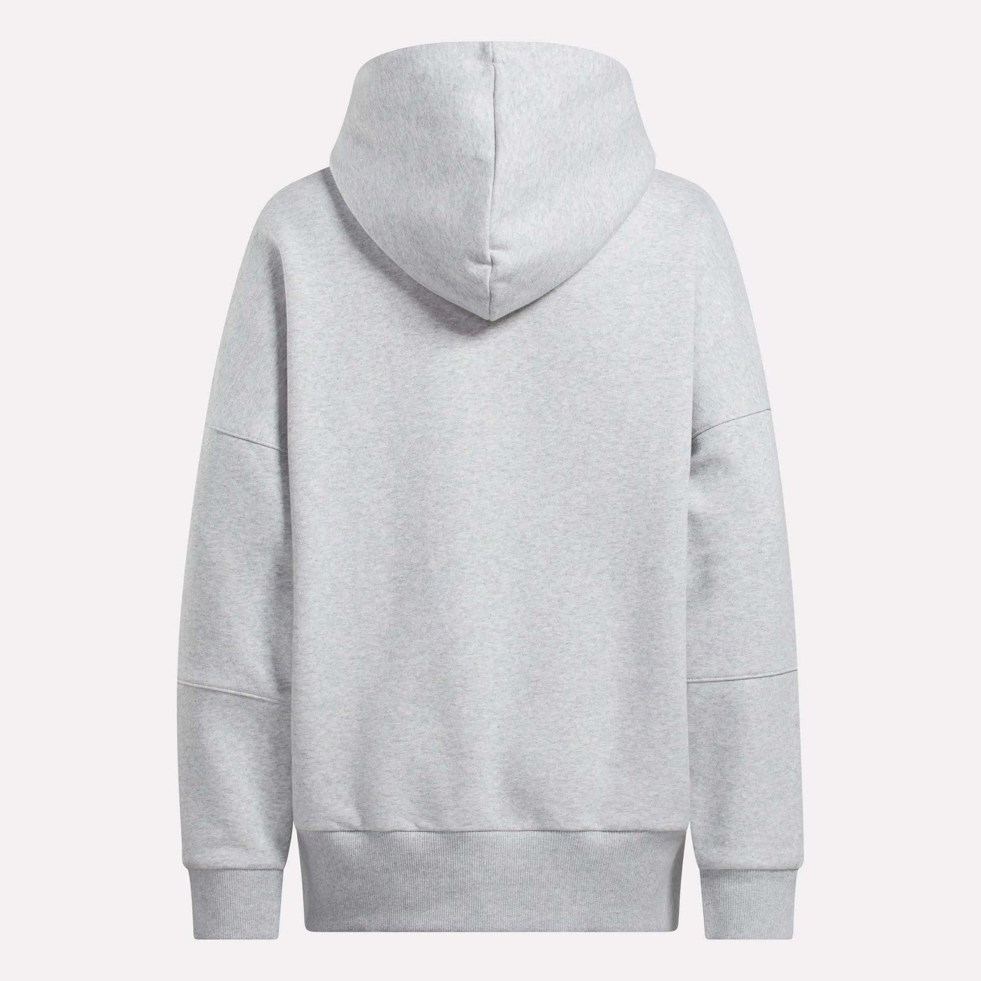 The Women's Lux Hoodie by Reebok is a cozy, plain light gray hoodie for women, shown from the back with a large hood and long sleeves against a white background.