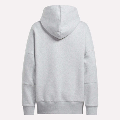 The Women's Lux Hoodie by Reebok is a cozy, plain light gray hoodie for women, shown from the back with a large hood and long sleeves against a white background.