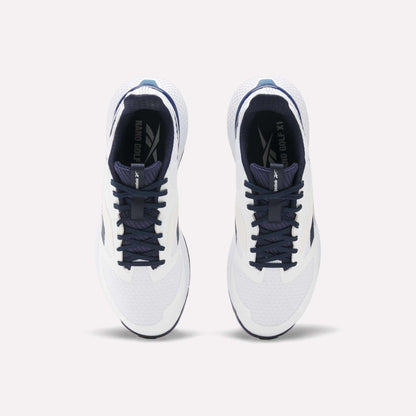 Top view of a pair of Reebok Nano Golf Shoes with white FlexWeave uppers, dark blue laces and accents. The performance shoes are side by side, facing forward on a light background.