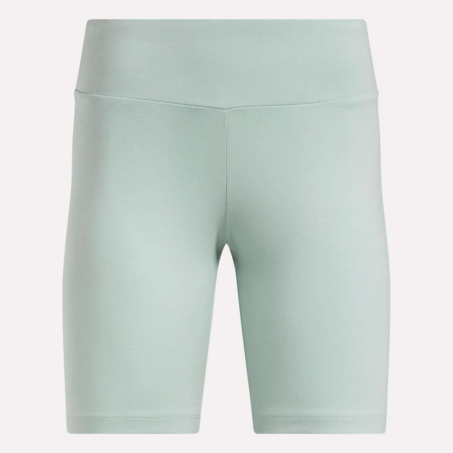 Reebok Women's Small Logo Cycle Shorts in light green feature a high-waist, smooth cotton finish, front seam detailing, and fitted knee-length stretchy design, shown against a plain white background.