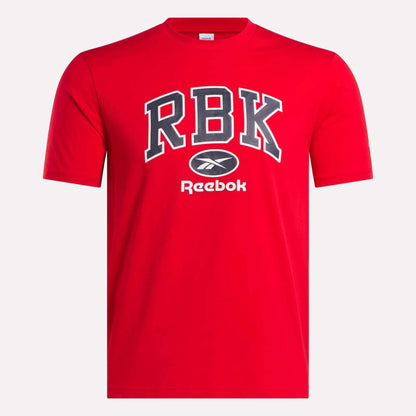 The Men's Collegiate T-Shirt by Reebok features bold black and white RBK text and logo on bright red—ideal for casual wear.