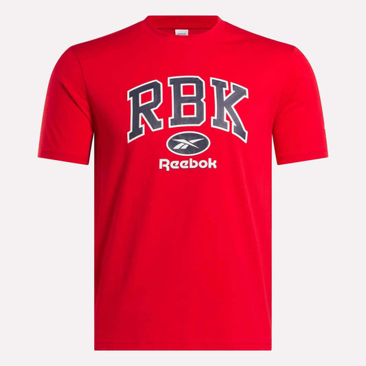 The Men's Collegiate T-Shirt by Reebok features bold black and white RBK text and logo on bright red—ideal for casual wear.