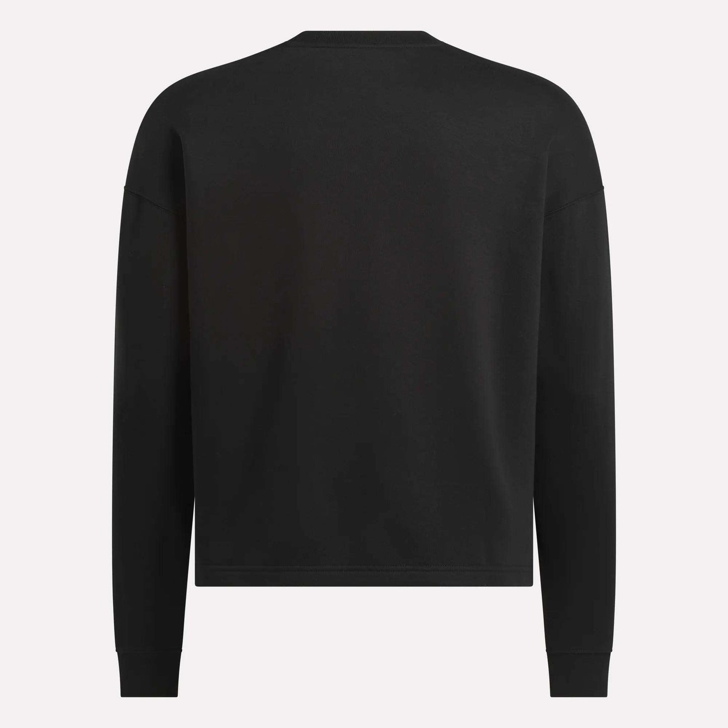 The Men's Wardrobe Essentials Sweatshirt by Reebok is shown from the back in black. This relaxed-fit, crew-neck style is made from soft cotton-blend fleece, with no visible logos, patterns, or fastenings.