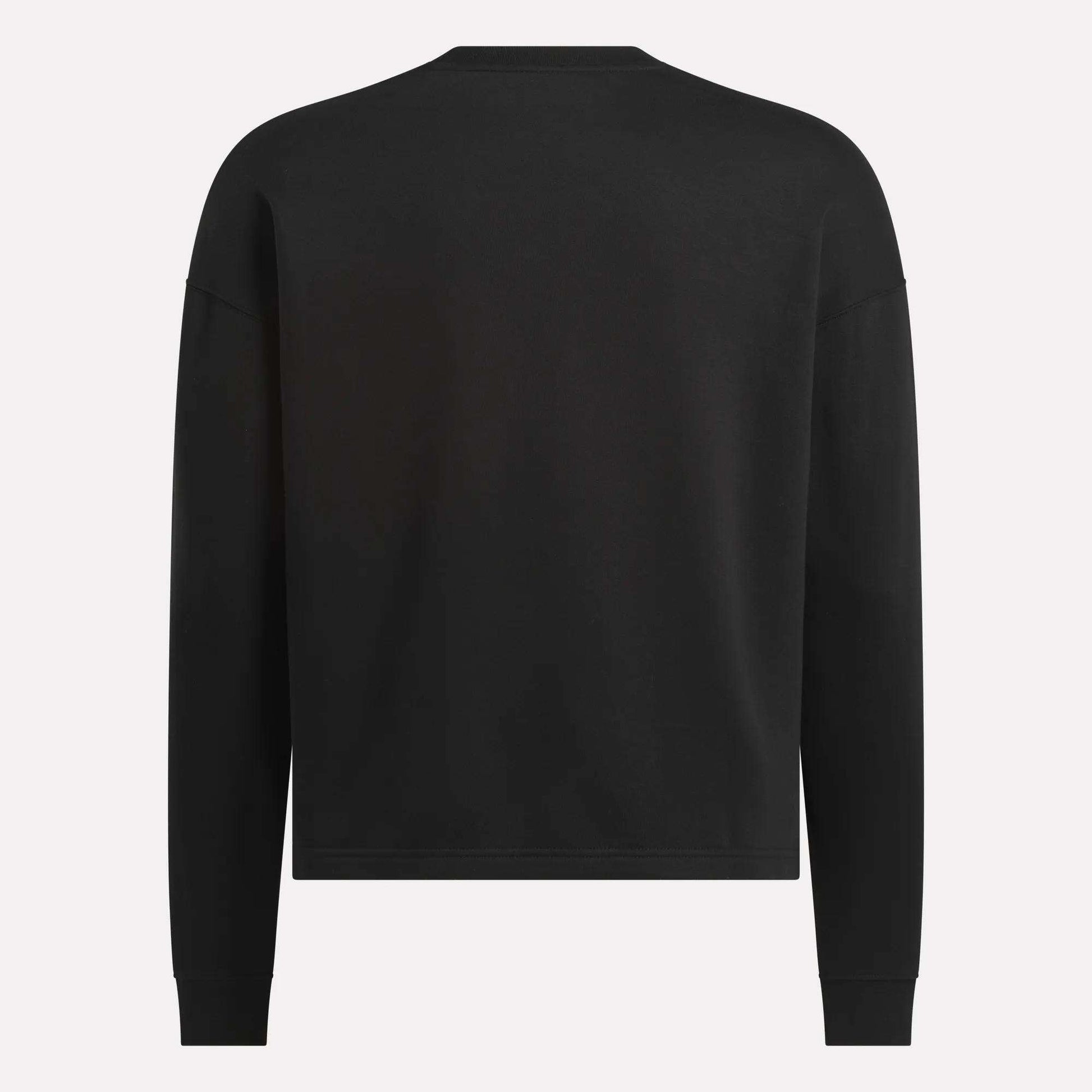 The Men's Wardrobe Essentials Sweatshirt by Reebok is shown from the back in black. This relaxed-fit, crew-neck style is made from soft cotton-blend fleece, with no visible logos, patterns, or fastenings.