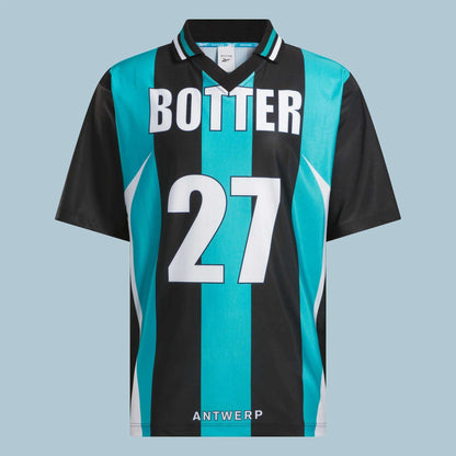 The Reebok x Botter LTD Reverse Soccer Men's Tee features black and teal vertical stripes, a white number 27 on the front, BOTTER boldly across the chest, and ANTWERP at the bottom. From the Reebok x Botter collection.