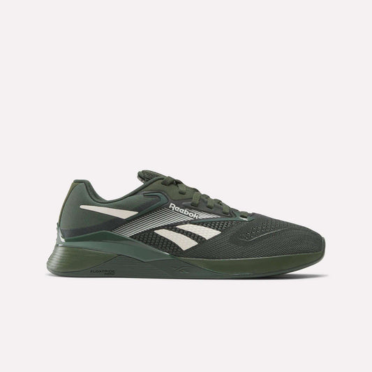 The Reebok Nano X4 Training Shoes, shown in side profile on a light background, feature a dark green mesh upper, white logo and accents, lace-up closure, and a textured rubber sole with Floatride Energy Foam.