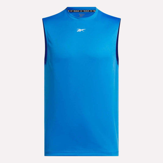 The Reebok Men's Sleeveless Tech Training T-Shirt in bright blue features lightweight polyester jersey and a small white Reebok logo on the chest, shown against a plain background.