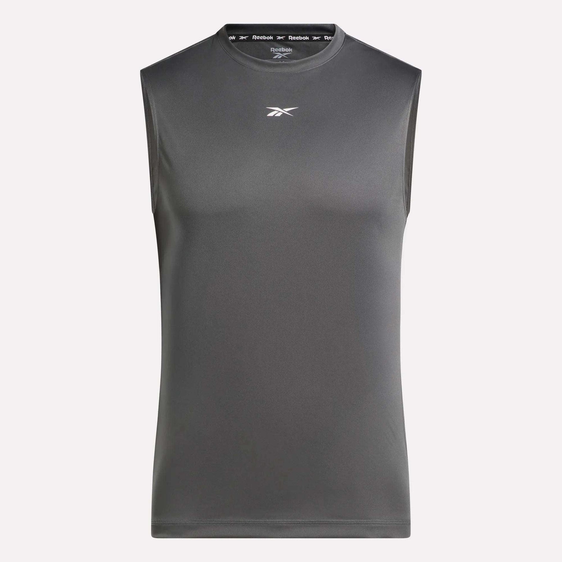 The Reebok Men's Sleeveless Tech Training T-Shirt is a dark gray, lightweight polyester athletic shirt with a small white Reebok logo on the chest, displayed against a plain light background.