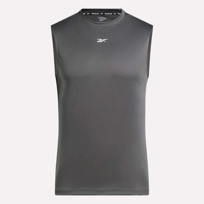 The Reebok Men's Sleeveless Tech Training T-Shirt is a dark gray, lightweight polyester athletic shirt with a small white Reebok logo on the chest, displayed against a plain light background.