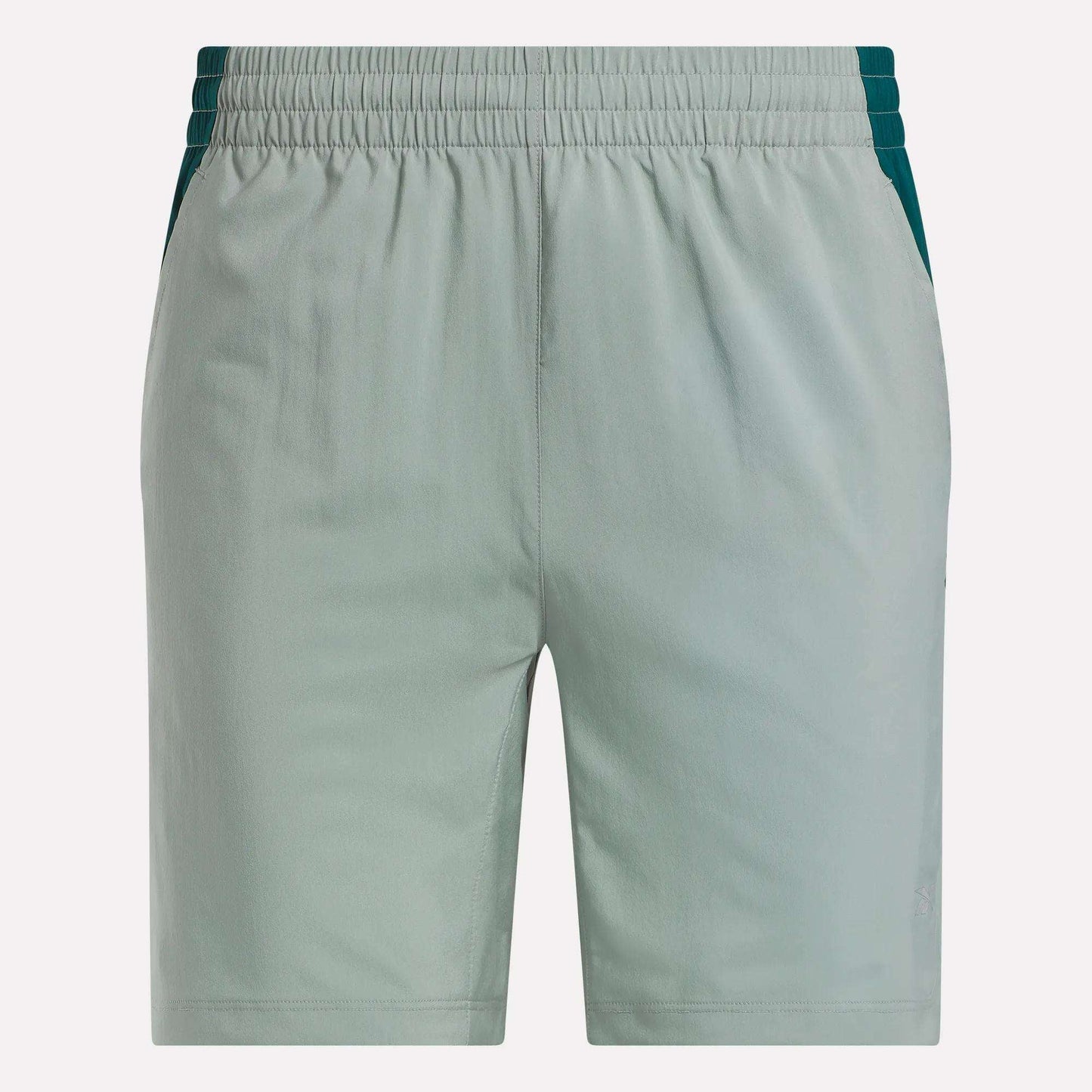 Reebok Men's Run Shorts in light green with inner tights, dark green side panels, elastic waistband, and two side pockets. These running shorts feature a simple front design for a sleek look.