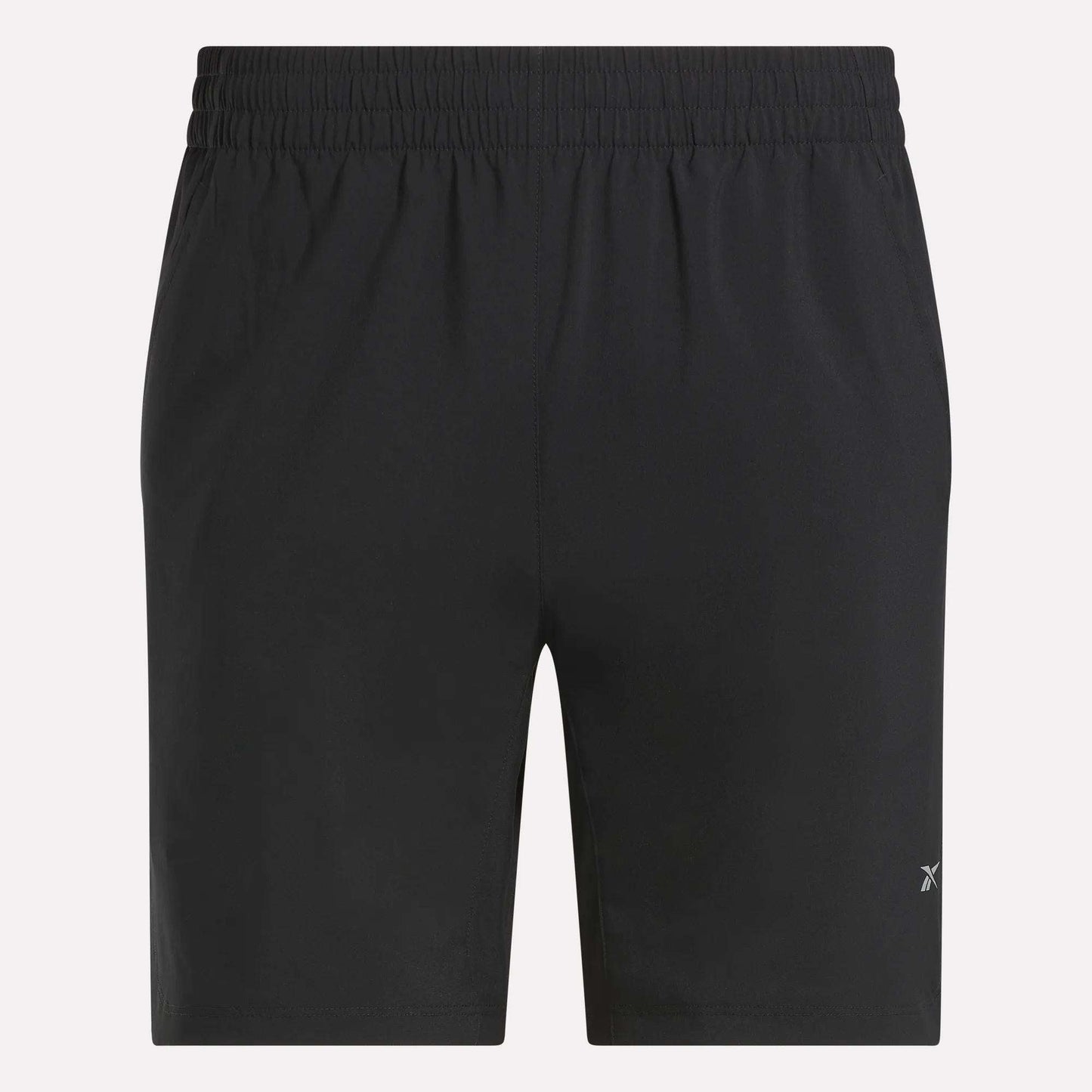Reebok Men's Run Shorts featuring inner tights, an elastic waistband, and a small logo near the bottom right hem are displayed against a plain light background.