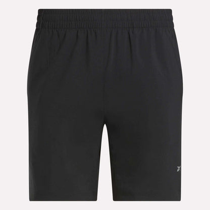 Reebok Men's Run Shorts featuring inner tights, an elastic waistband, and a small logo near the bottom right hem are displayed against a plain light background.