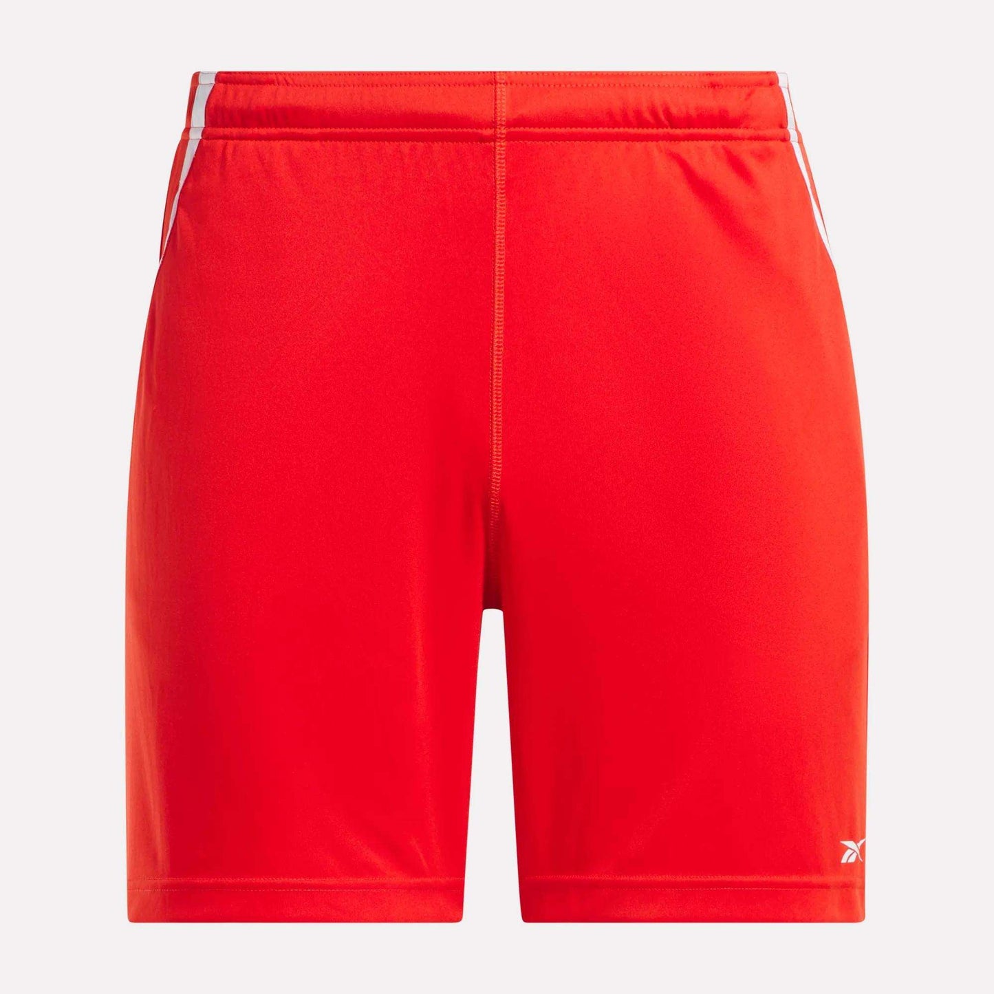 Reebok Men's Train Blocked Knit Shorts feature a bright red color, elastic waistband, subtle vertical seam, and small white logo on the front left leg. These knit shorts offer smooth texture and simple style for workouts or everyday comfort.