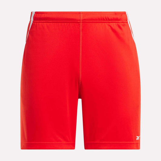 Reebok Men's Train Blocked Knit Shorts feature a bright red color, elastic waistband, subtle vertical seam, and small white logo on the front left leg. These knit shorts offer smooth texture and simple style for workouts or everyday comfort.
