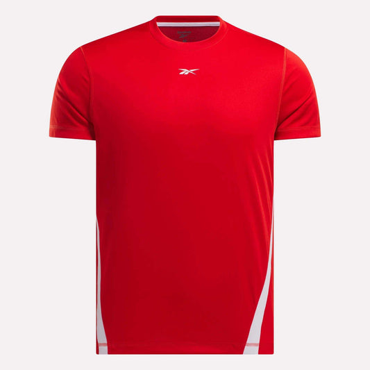 The Men’s Train Blocked T-Shirt by Reebok is a lightweight, short-sleeve red tee with white side accents and a small white logo on the chest—ideal for activewear and shown on a white background.