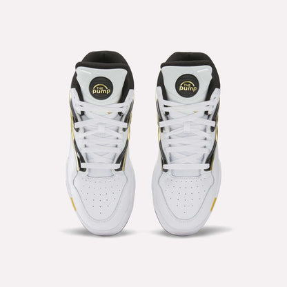 A pair of Reebok Pump Omni Zone II Shoes in white leather with black and yellow accents, shown from above. Featuring circular tongue labels, white laces, and perforated toe boxes for a classic retro basketball look.