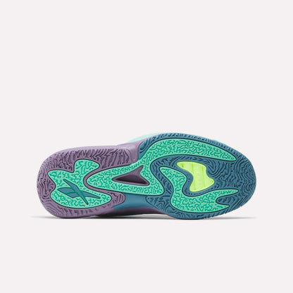 The image shows the colorful sole of the Reebok Engine A 26 Basketball Shoes, with a mix of teal, green, purple, and yellow hues and textured wavy tread patterns for stability, set against a plain white background.